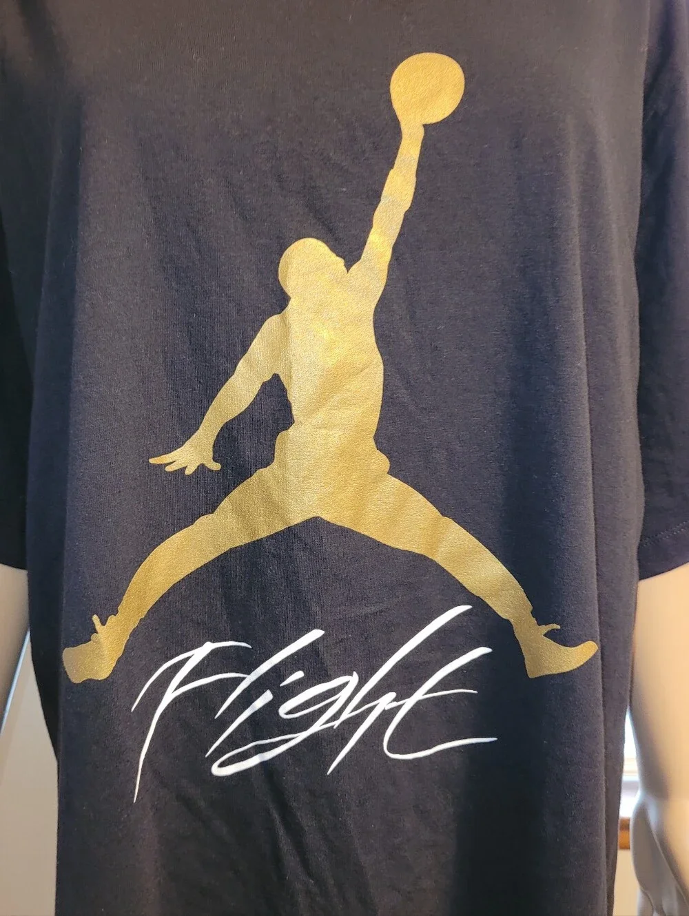 Jordan Black T-Shirt with Gold Jumpman Graphic & Flight. Size XXL.